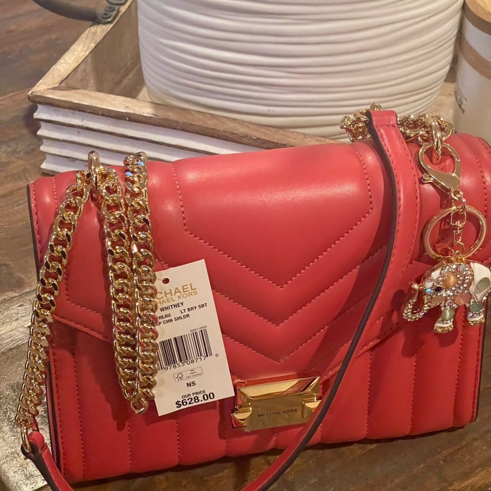 Michael Kors Whitney Berry Pink Quilted Med.Flap Chain Shoulder Bag Charm NWT.
